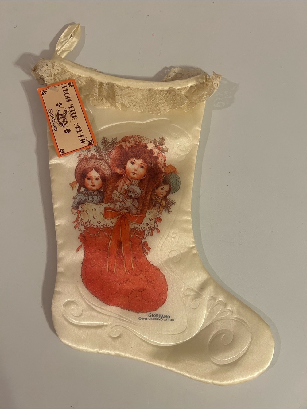 Vintage 1986 Giordano Silk With Lace Trim Christmas Stocking
